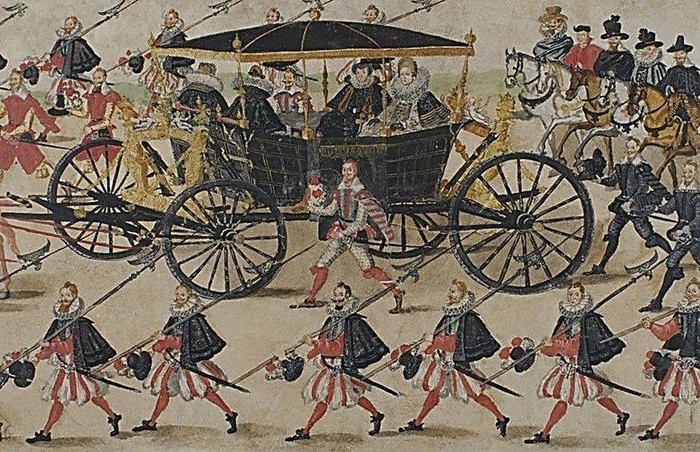 Fragment rolki szkokholmskiej: dama w karecie w czarnej sukni, tyłem do widza, to najprawdopodobniej Anna Wazówna, reprodukcja ze zbiorów bohaterki wywiadu