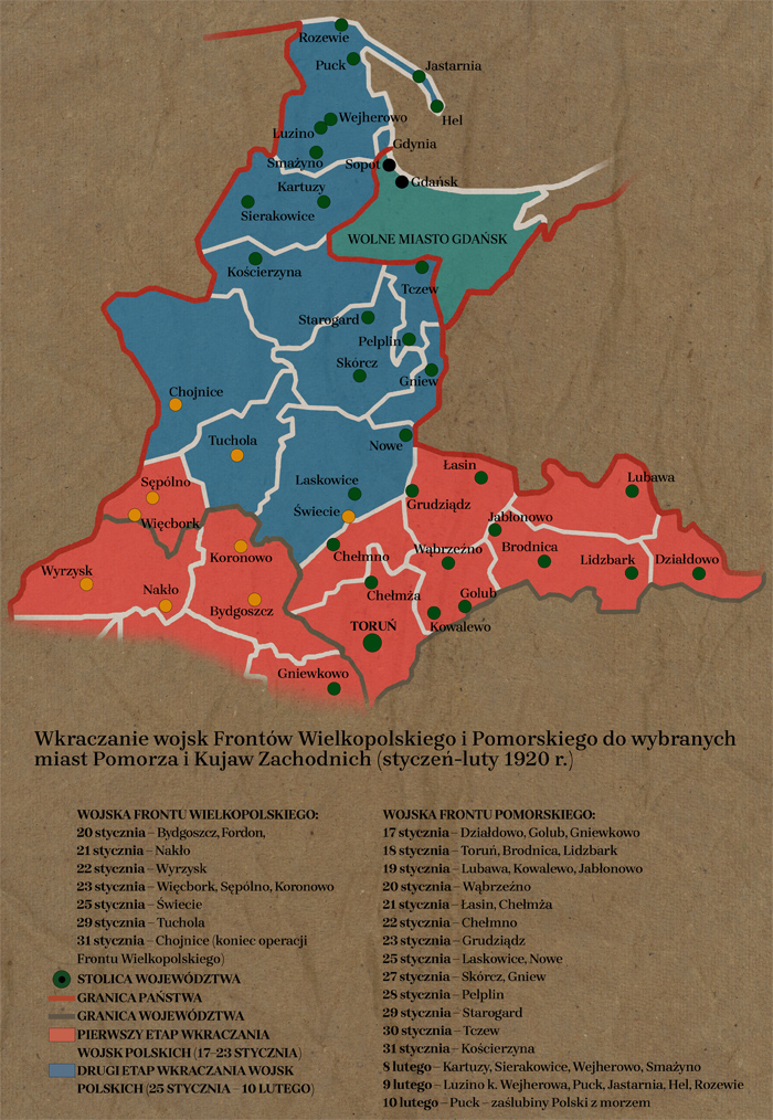 kalendarium wkraczania wojsk do Pomorza i Kujaw, źródło: wystawa IPN „Powrót Pomorza i Kujaw do Polski 1918-1920”