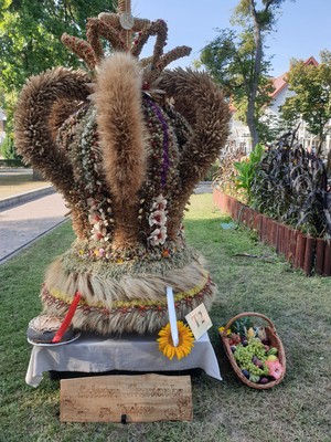 Zwycięski wieniec w stylu tradycyjnym z Dożynek Wojewódzkich w Ciechocinku w 2019 r., Sołectwo Trzcianka, Gmina Tłuchowo, Powiat Lipnowski, fot. Iwona Górska