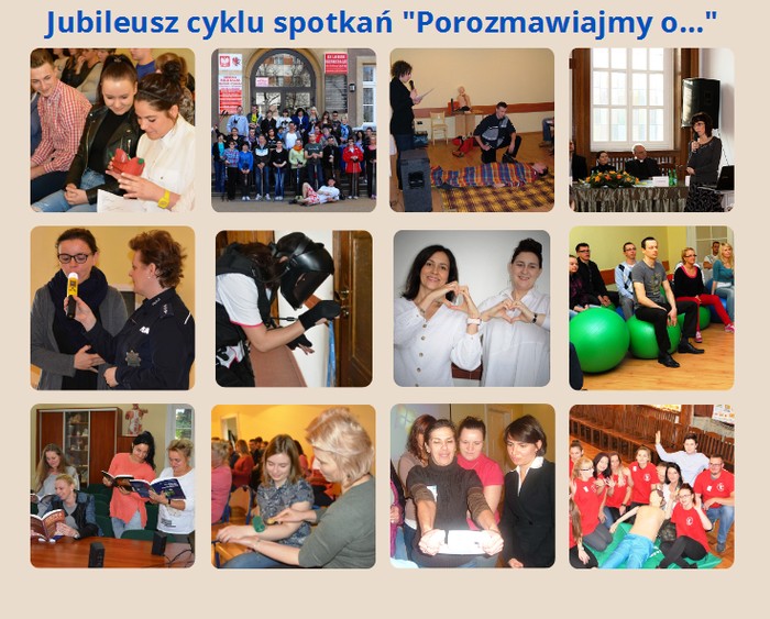 Kolaż zdjęć z jubileuszu cyklu spotkań „ Porozmawiajmy o…”, fot. Monika Kurzawa