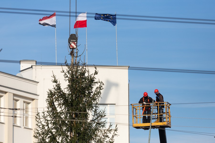 Ustawianie choinki przed Urzędem Marszałkowskim, fot. Mikołaj Kuras dla UMWKP