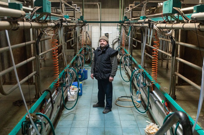 Artur Saganowski w pomieszczeniu z dojarkami, fot. Filip Kowalkowski dla UMWKP