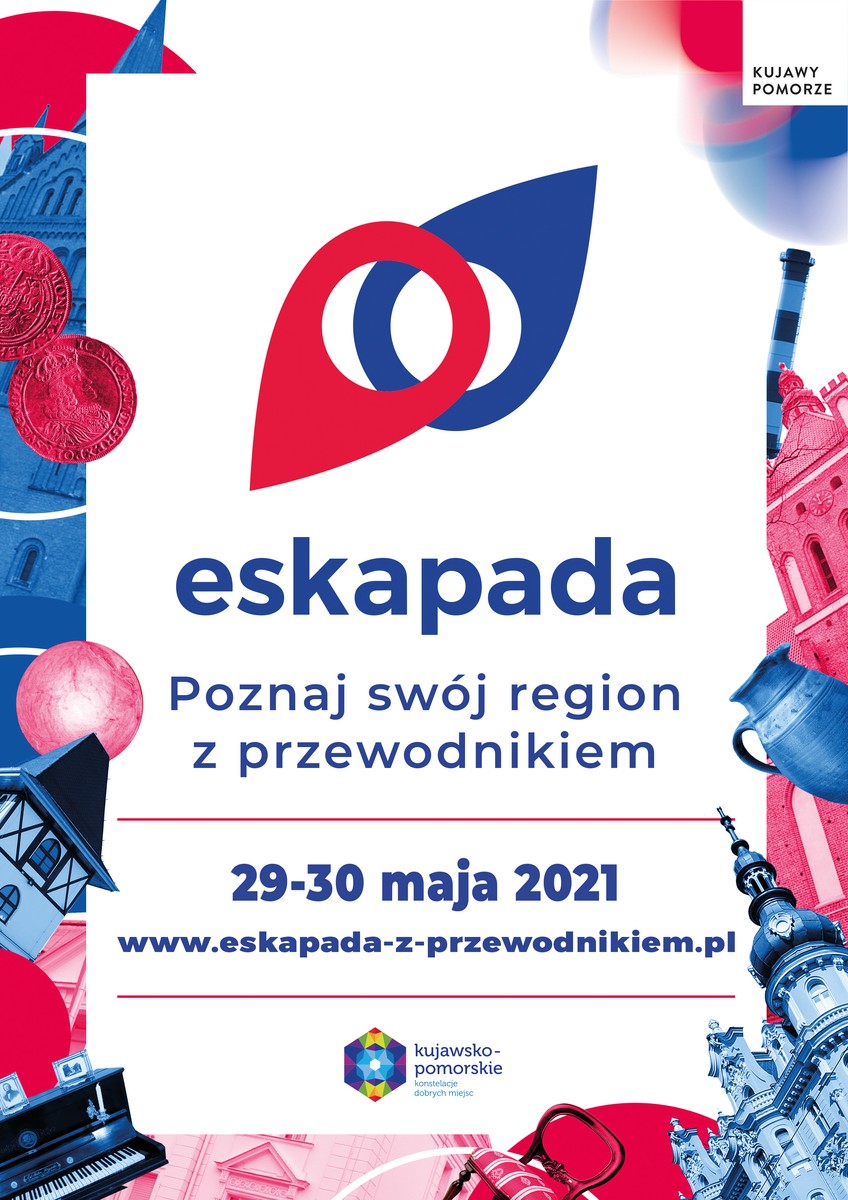 Plakat - Eskapada - Poznaj swój region z przewodnikiem. 29-30 maja 2021. www.eskapada-z-przewodnikiem.pl