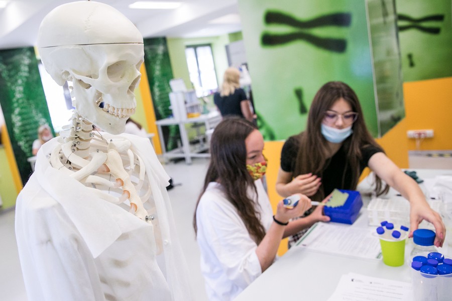 Uczestnicy obozu zorganizowanego w ramach projektu „Region Nauk Ścisłych II - edukacja przyszłości” podczas warsztatów w Młynie Wiedzy w Toruniu. Fot Andrzej Goiński UMWKP