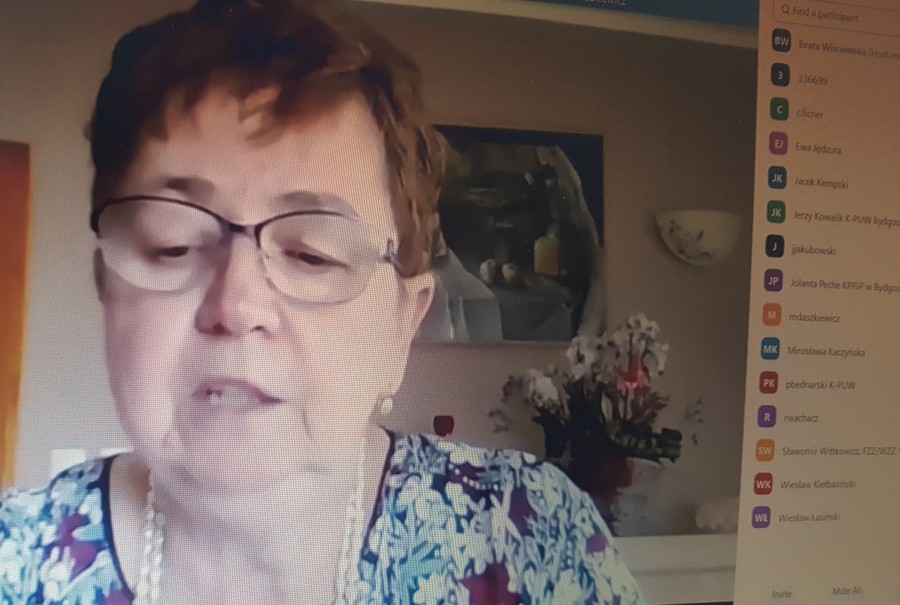 Halina Peplińska podczas zdalnego posiedzenia Zespołu ds ochrony zdrowia i Zespołu ds edukacji kultury i dziedzictwa narodowego przy K-P WRDS w dniu 27.06.2022 r., fot. Beata Wiśniewska
