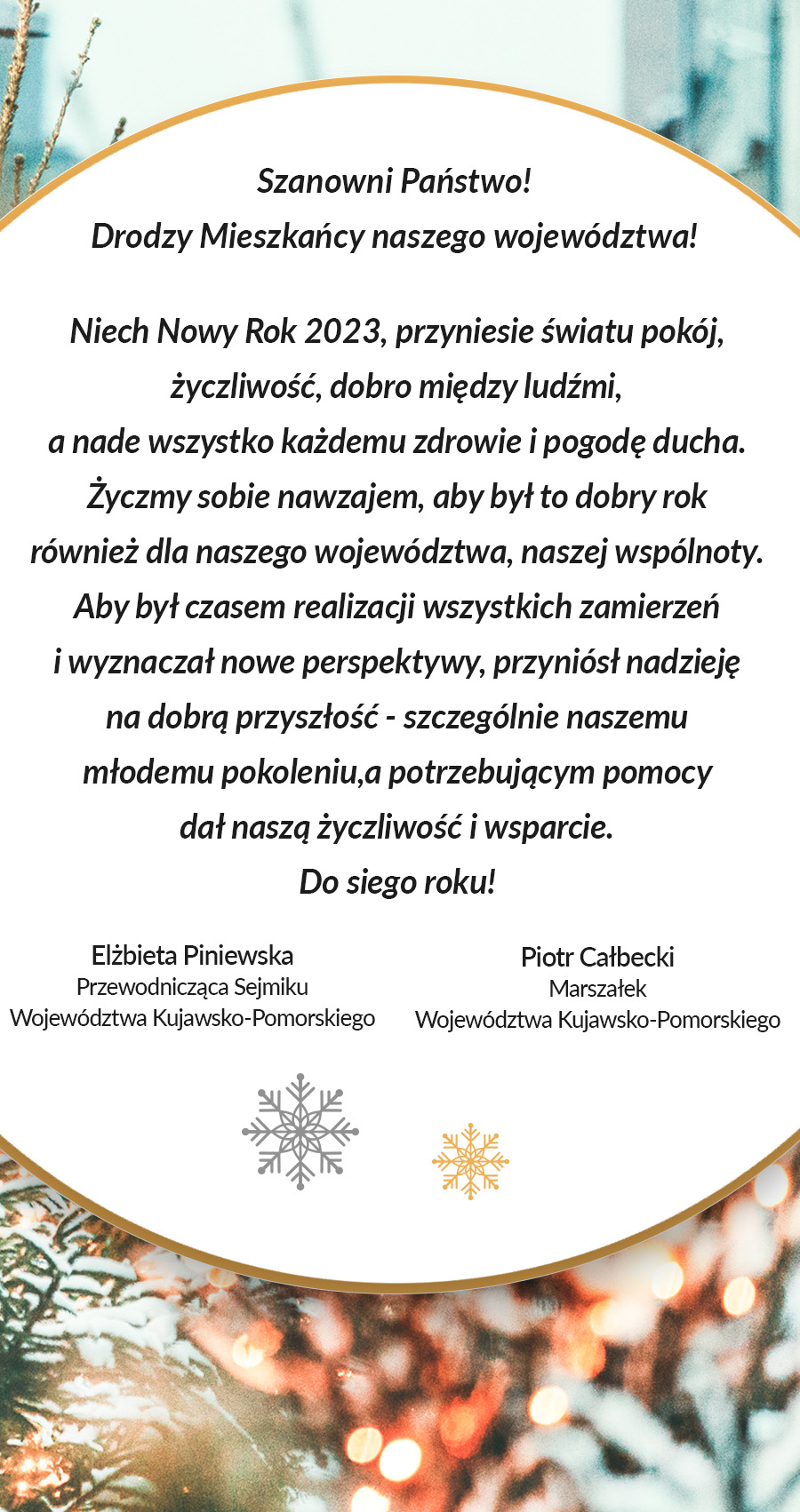 Życzenia noworoczne Przewodniczącej Sejmiku Województwa Kujawsko-Pomorskiego Elżbiety Piniewskiej oraz Marszałka Województwa Kujawsko-Pomorskiego Piotra Całbeckiego
