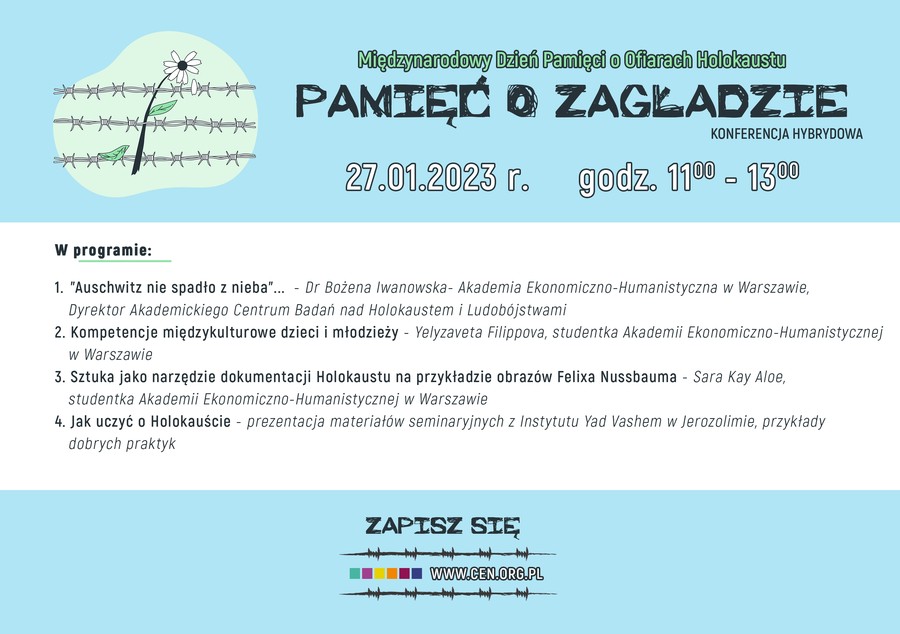 Pamięć o zagładzie. Konferencja hybrydowa. Baner z programem.