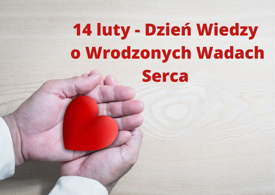 Grafika wykonana w programie CANVA - czerwone serce na złożonych otwartych dłoniach, napis 14 luty - Dzień Wiedzy o Wrodzonych Wadach Serca