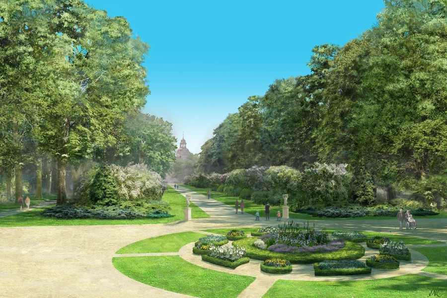 Grafika: Wizualizacja kompleksu parkowo-pałacowego w Nawrze, oprac. A. Kunkel, A. Cebula, wiz. P. Novák-Zemplińska