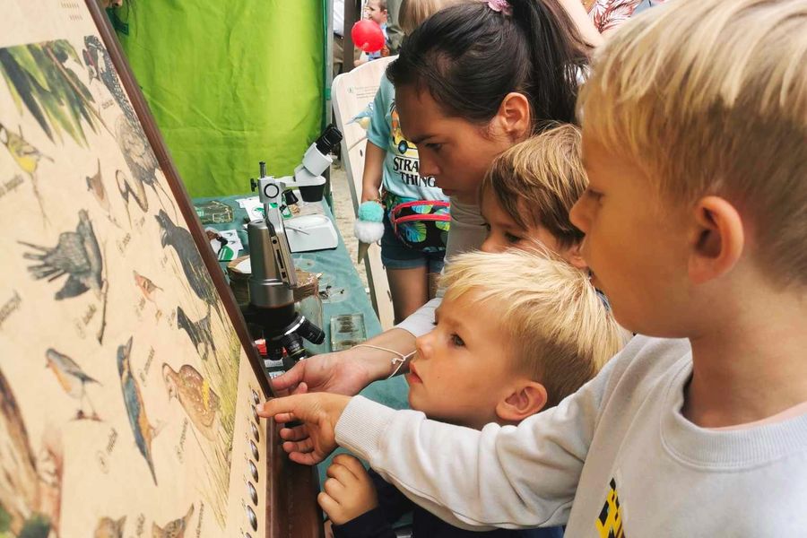 Zgromadzone dzieci i dorośli przy tablicy interaktywnej naciskając odpowiedni guzik słyszą odgłos ptaka przedstawionego na tablicy danym numerem przycisku, autor fotografii: Krzysztof Pokrętowski (Górznieńsko-Lidzbarski Park Krajobrazowy)