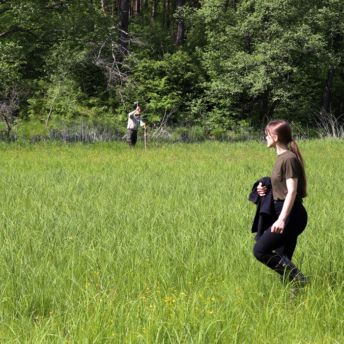 Pracownicy parku w trakcie liczenia storczyków i wytyczania obszaru niekoszonego w tym roku. fot. Rafał Borzyszkowski