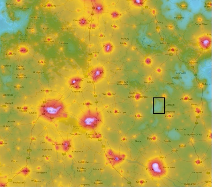 GLPK na tle województwa kujawsko-pomorskiego, fot. www.lightpollutionmap.info