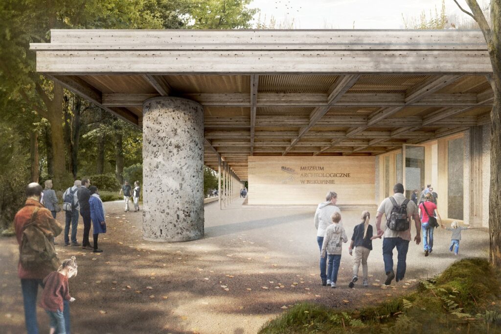 Zespół autorski zwycięskiej koncepcji zaproponował, by pozostawić południowe skrzydło istniejącego pawilonu i stworzyć w tym miejscu hol główny rys. PROLOG