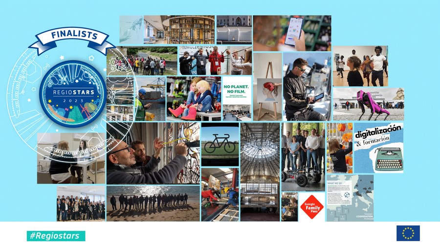 Grafika promocyjna Konkursu na Najbardziej Innowacyjny Europejski Projekt REGIOSTARS 2023