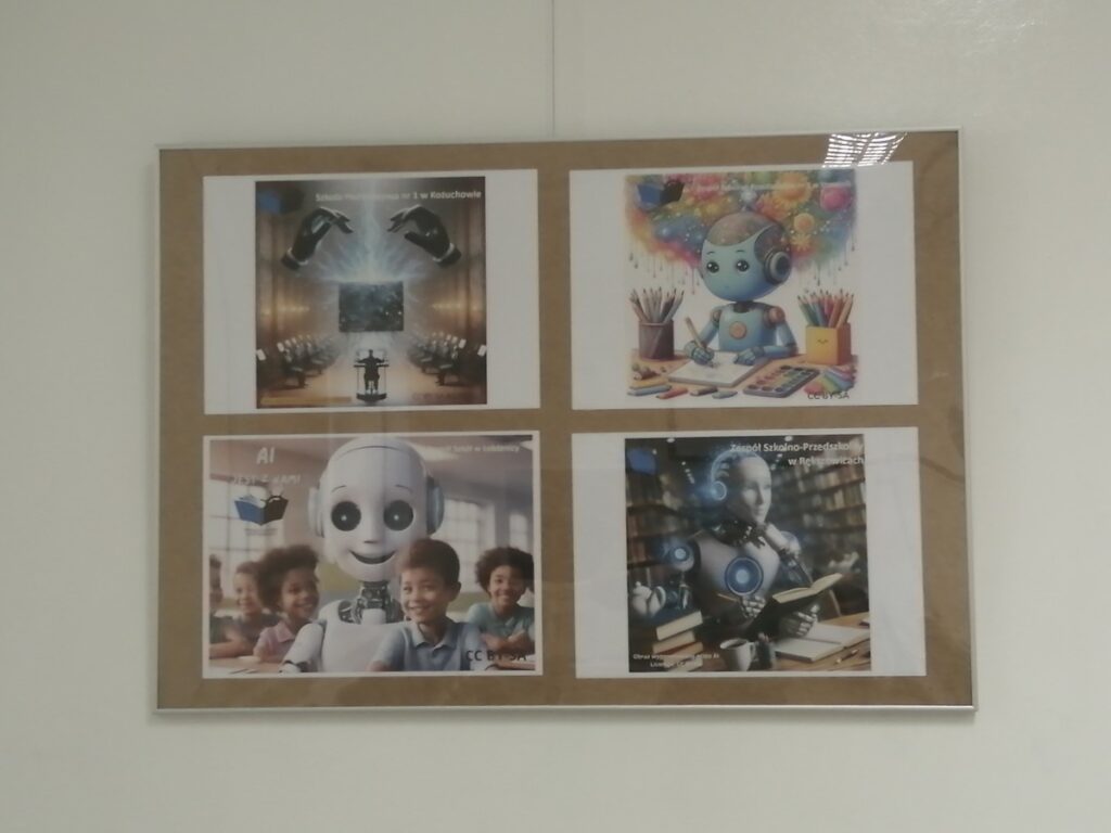 Galeria prac uczestników VIII edycji konkursu "Prawo autorskie a sztuczna inteligencja" przygotowana w Sali dydaktycznej biblioteki pedagogicznej, fot. KPCEN Włocławek