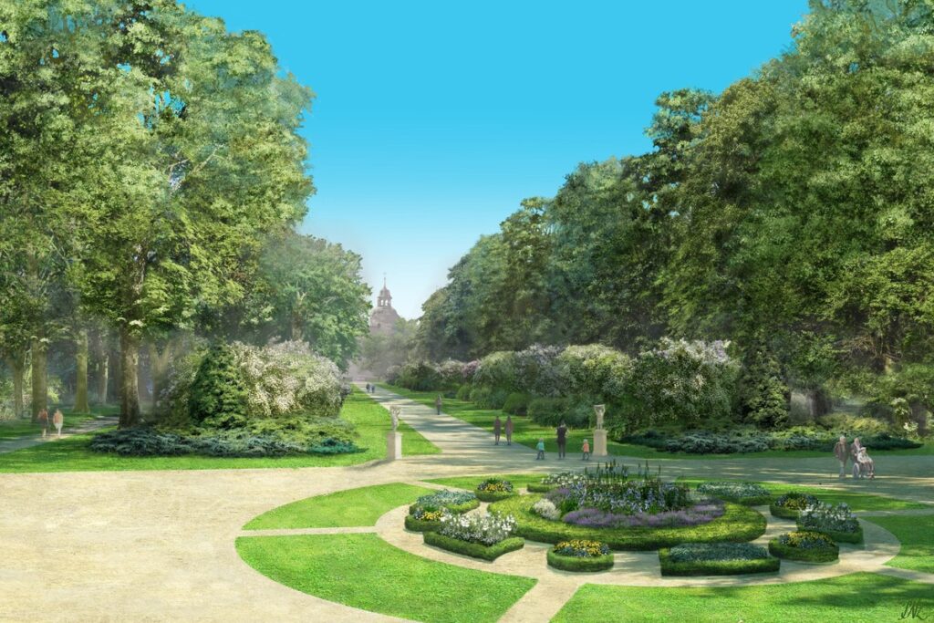 Wizualizacja rewitalizacji zespołu pałacowo-parkowego w Nawrze wg. koncepcji i projektu Artura Cebuli i Anny Kunkel wizualizacja Patrycja Nowak-Zemplińska - widok na kościół