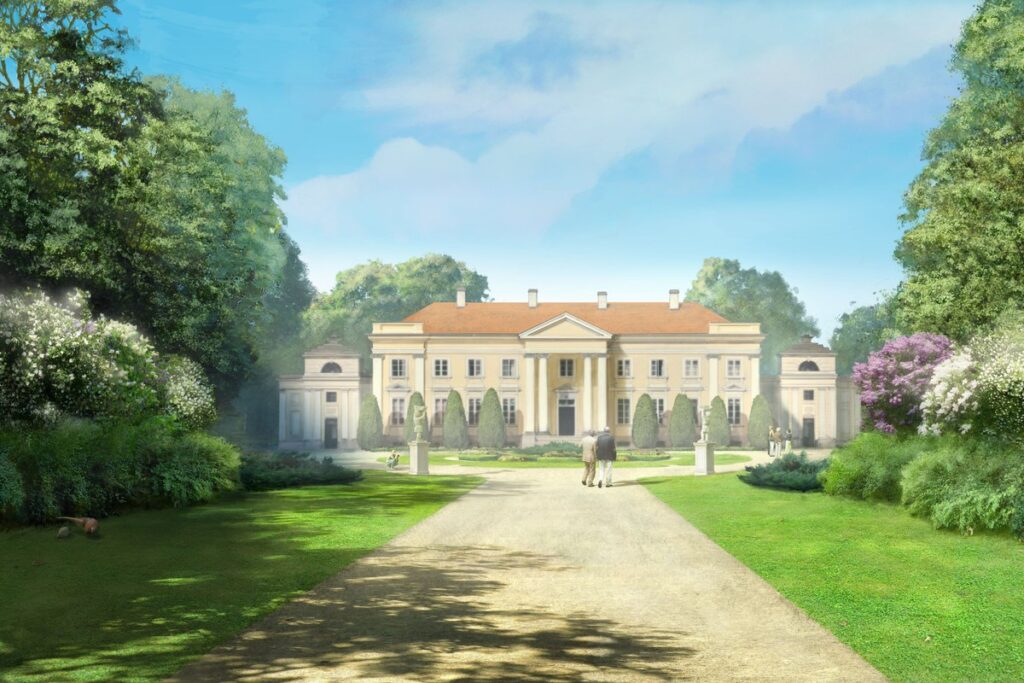 Wizualizacja rewitalizacji zespołu pałacowo-parkowego w Nawrze wg. koncepcji i projektu Artura Cebuli i Anny Kunkel wizualizacja Patrycja Nowak-Zemplińska - widok na pałac