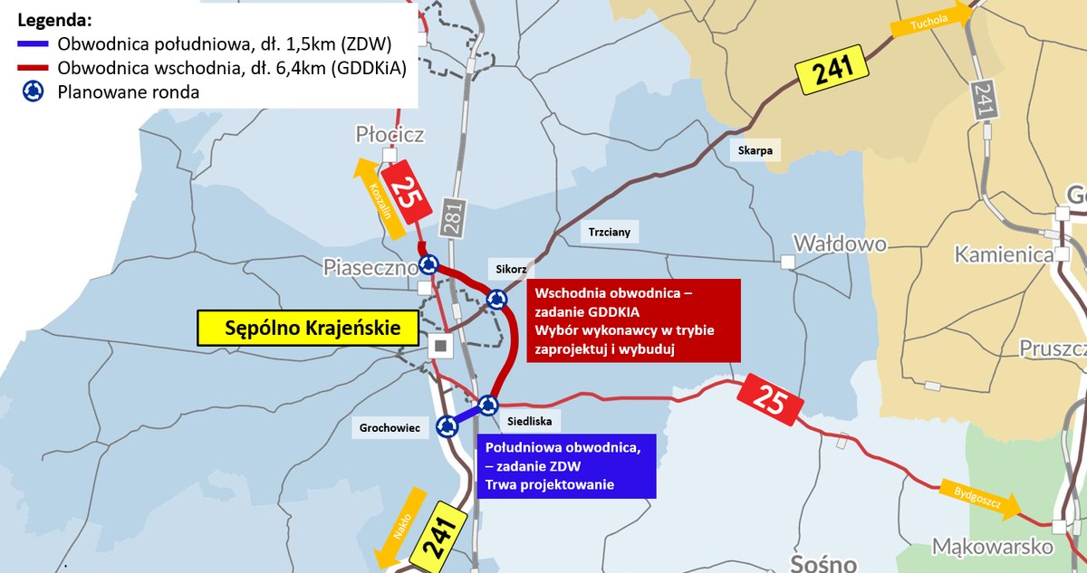 Grafika pokazująca projekty budowy obwodnicy w Sępólnie Krajeńskim, graf. Zarząd Dróg Wojewódzkich