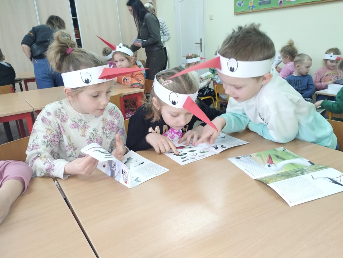 Zapoznanie się z materiałami edukacyjnymi poświęconymi bocianom, fot. SP Zielonka