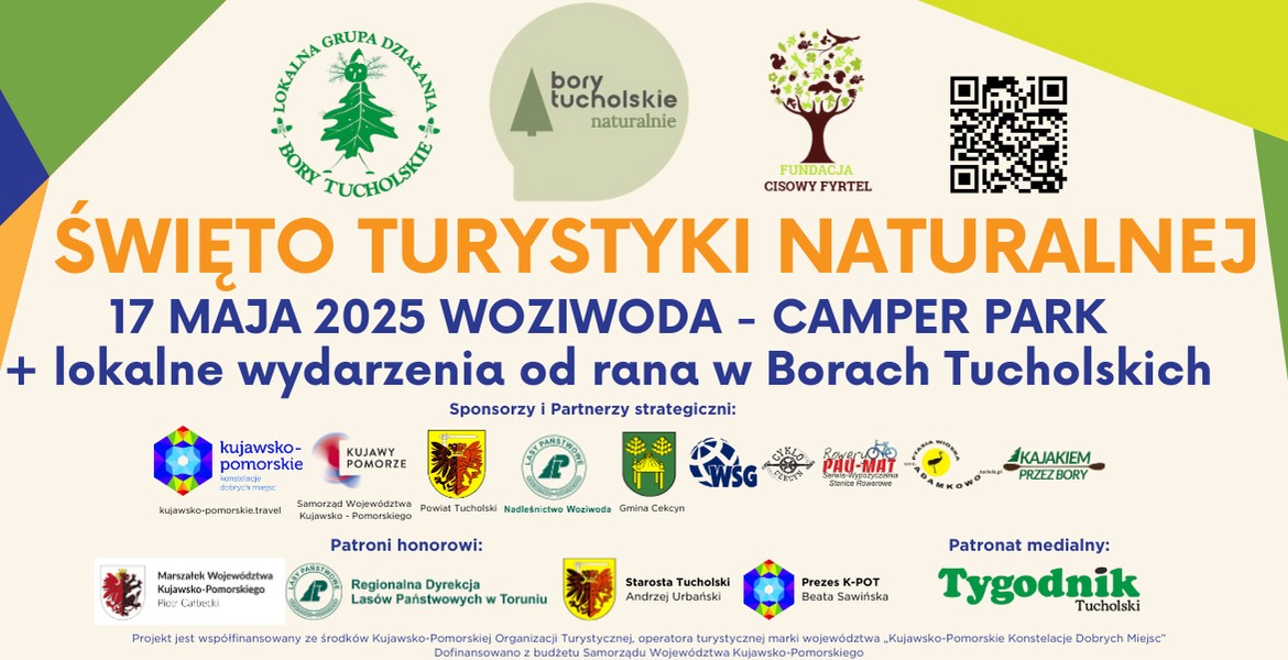 Baner informujący o dacie i miejscu święta turystyki naturalnej, oraz sponsorach, partnerach i patronach wydarzenia.