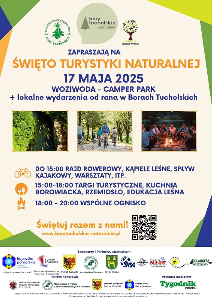 Plakat informujący o dacie, harmonogramie i miejscu święta turystyki naturalnej, oraz sponsorach, partnerach i patronach wydarzenia.