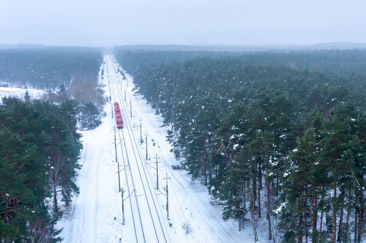 Jadący pociąg wśród leśnej scenerii, zdjęcie z drona.