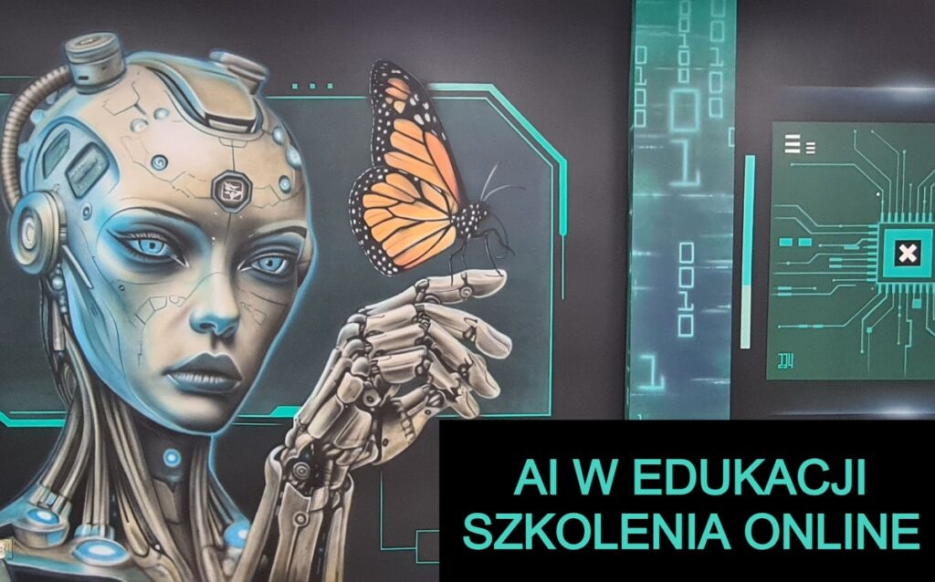 Ręka robota delikatnie trzyma motyla, tworząc wrażenie interakcji między sztucznym a naturalnym. Na tym tle napis: „AI w edukacji – szkolenie online”