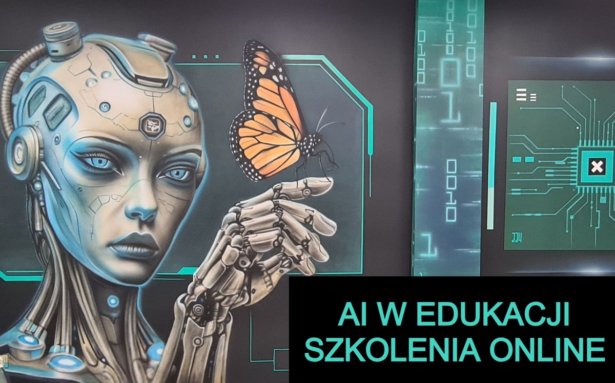 Ręka robota delikatnie trzyma motyla, tworząc wrażenie interakcji między sztucznym a naturalnym. Na tym tle napis: „AI w edukacji – szkolenie online”