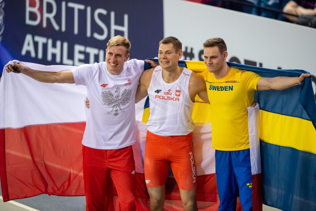 Halowe Mistrzostwa Europy w Glasgow, 2019 r. (od lewej Piotr Lisek, Paweł Wojciechowski i Melker Svärd Jacobsson), fot. Paweł Skraba