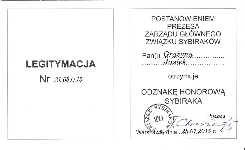 Imienna Legitymacja do Odznaki Honorowej Sybiraka