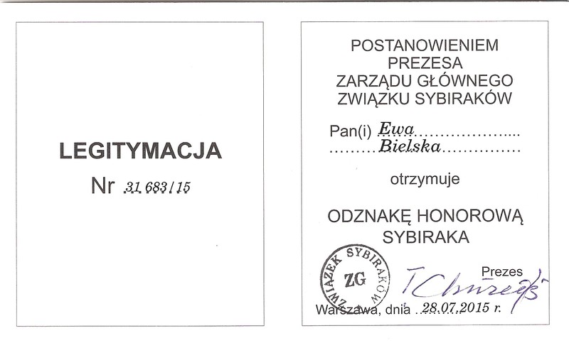 Imienna Legitymacja do Odznaki Honorowej Sybiraka